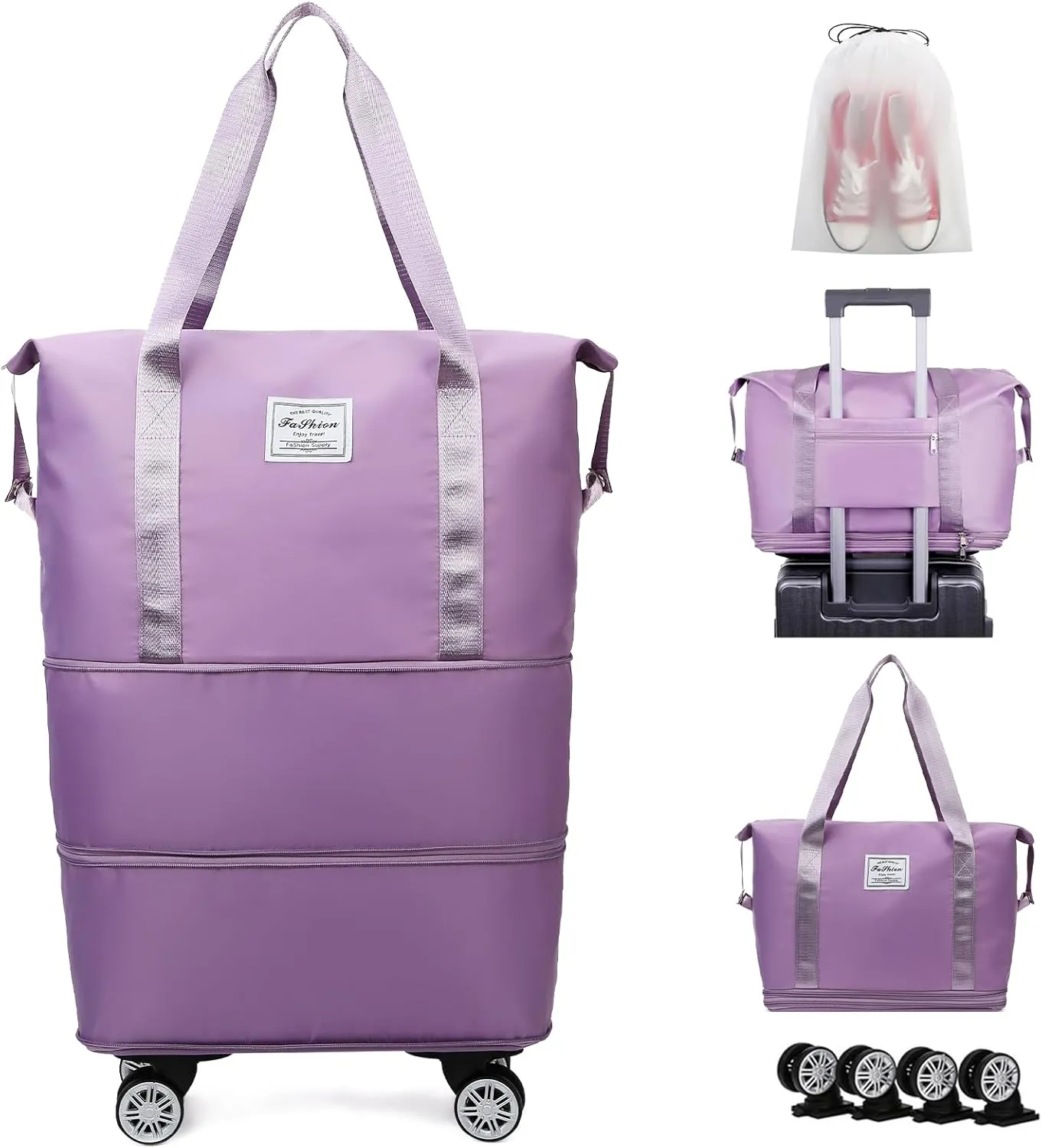 Rolling Duffle Bag with Wheels Expandable Foldable Travel Bag Carry on Duffel Bag Large Luggage Bag Overnight Weekender Bag Purple