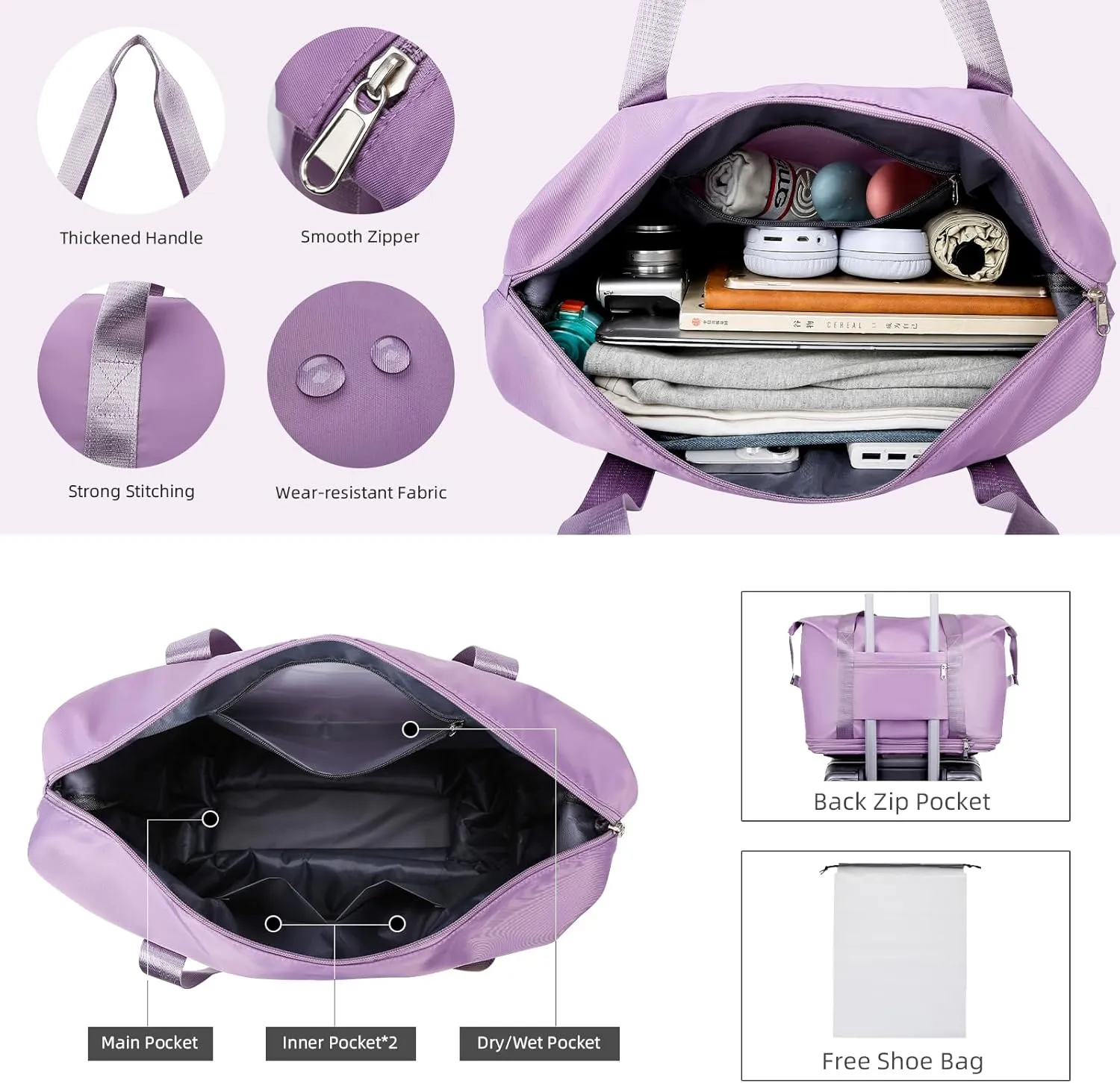 Rolling Duffle Bag with Wheels Expandable Foldable Travel Bag Carry on Duffel Bag Large Luggage Bag Overnight Weekender Bag Purple