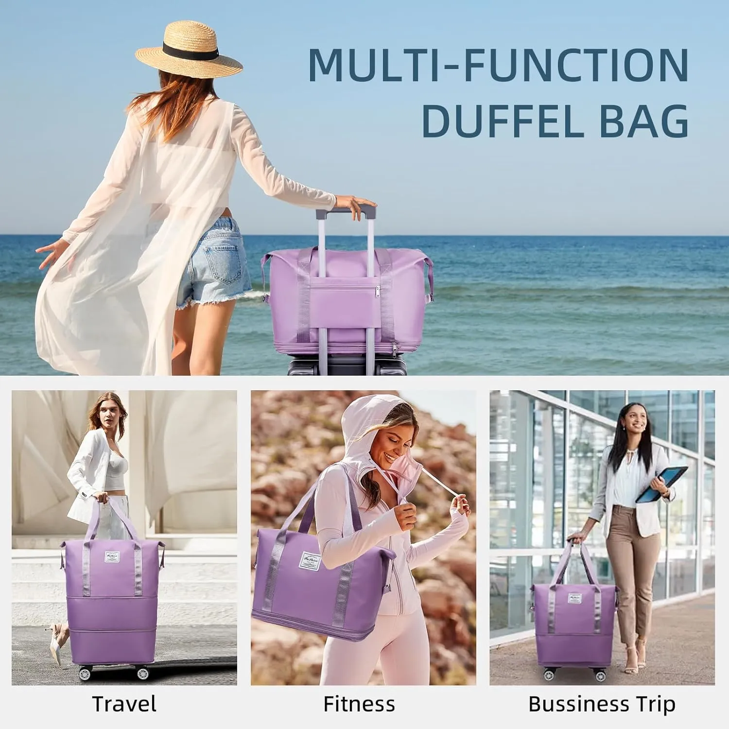 Rolling Duffle Bag with Wheels Expandable Foldable Travel Bag Carry on Duffel Bag Large Luggage Bag Overnight Weekender Bag Purple