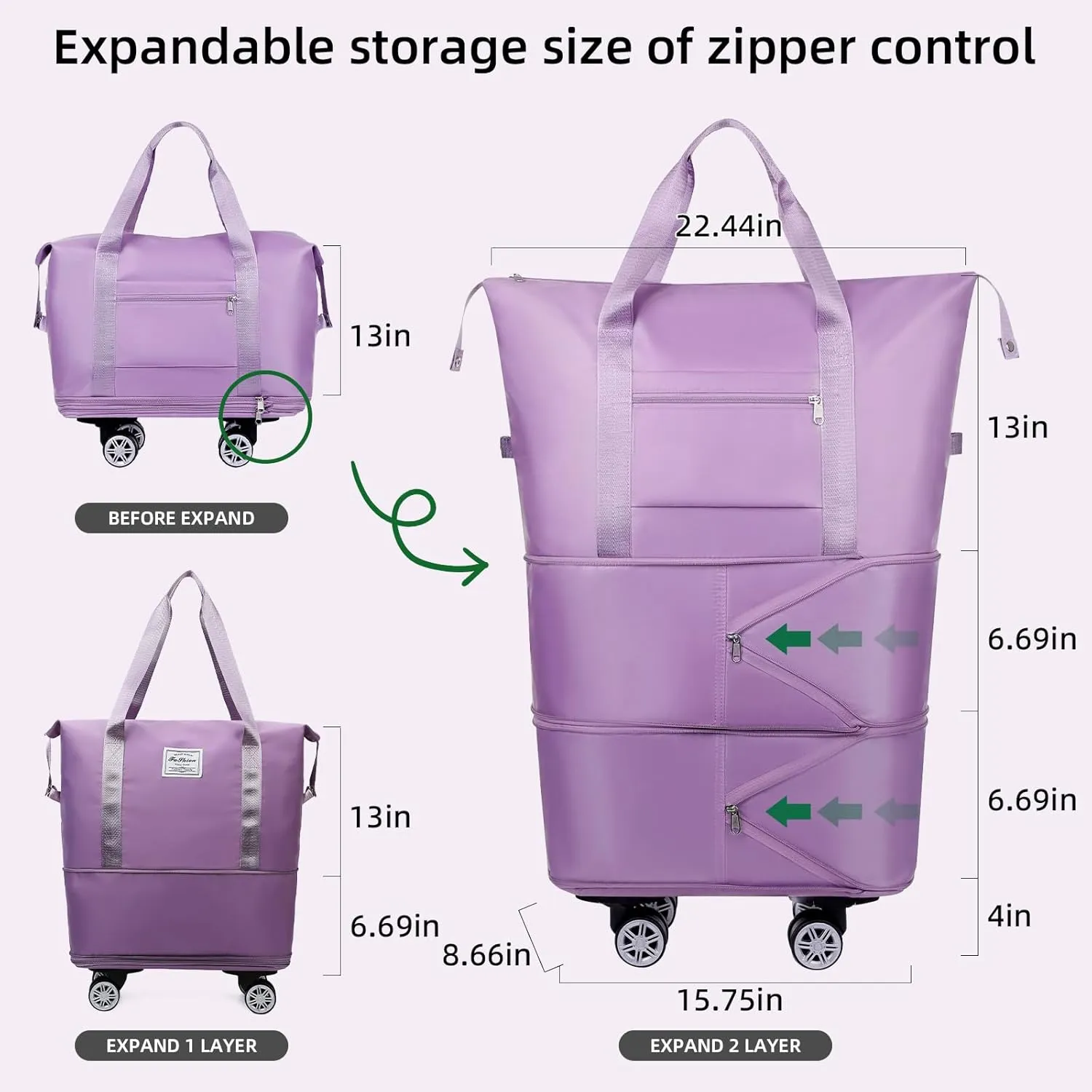 Rolling Duffle Bag with Wheels Expandable Foldable Travel Bag Carry on Duffel Bag Large Luggage Bag Overnight Weekender Bag Purple