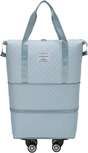 Rolling Duffle Bag with Wheels, Expandable Travel Duffel with Detachable Spinner Wheels & Wet Pocket, Large Waterproof Travel Tote Carry On Overnight Hospital Bag Beige Light Blue