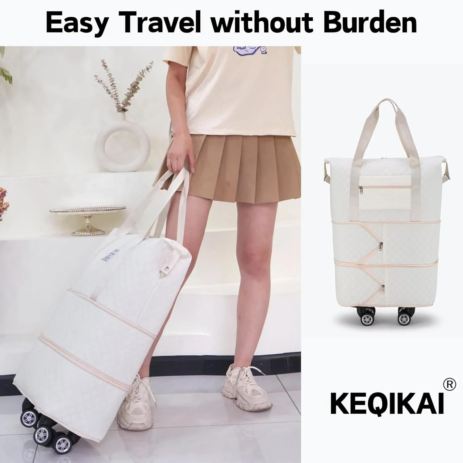 Rolling Duffle Bag with Wheels, Expandable Travel Duffel with Detachable Spinner Wheels & Wet Pocket, Large Waterproof Travel Tote Carry On Overnight Hospital Bag Beige Light Blue