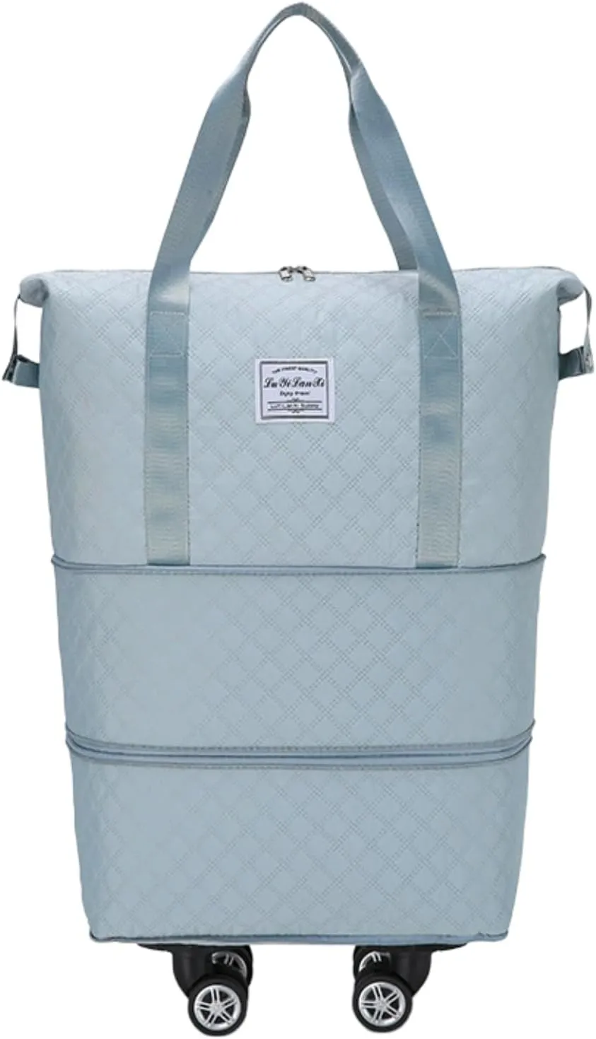 Rolling Duffle Bag with Wheels, Expandable Travel Duffel with Detachable Spinner Wheels & Wet Pocket, Large Waterproof Travel Tote Carry On Overnight Hospital Bag Beige Light Blue