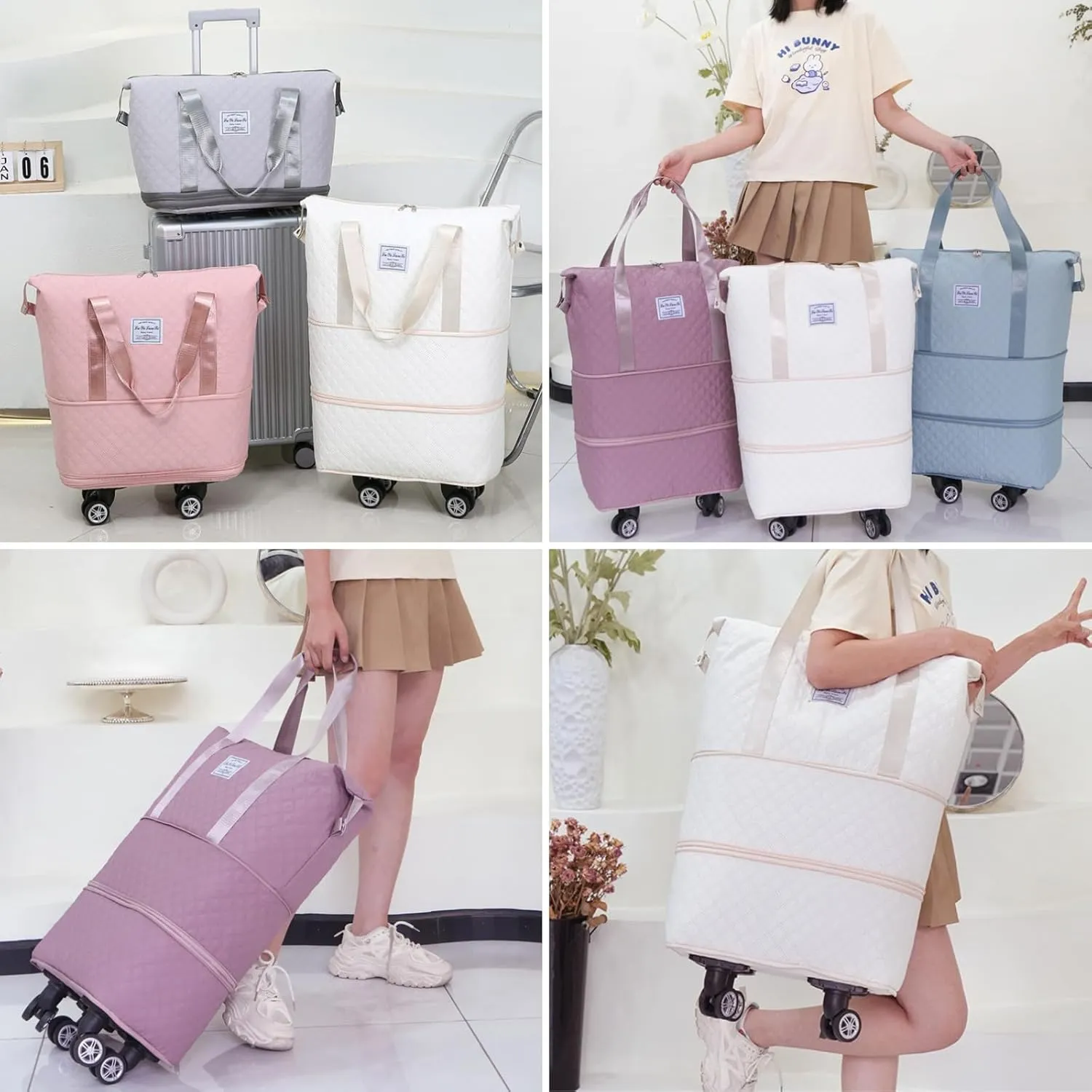 Rolling Duffle Bag with Wheels, Expandable Travel Duffel with Detachable Spinner Wheels & Wet Pocket, Large Waterproof Travel Tote Carry On Overnight Hospital Bag Beige Light Blue