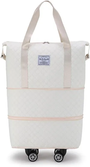 Rolling Duffle Bag with Wheels, Expandable Travel Duffel with Detachable Spinner Wheels & Wet Pocket, Large Waterproof Travel Tote Carry On Overnight Hospital Bag Beige
