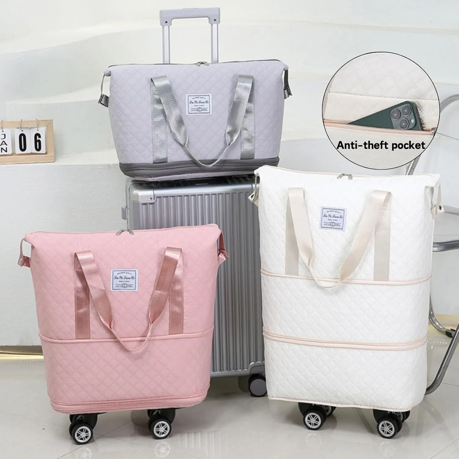 Rolling Duffle Bag with Wheels, Expandable Travel Duffel with Detachable Spinner Wheels & Wet Pocket, Large Waterproof Travel Tote Carry On Overnight Hospital Bag Beige