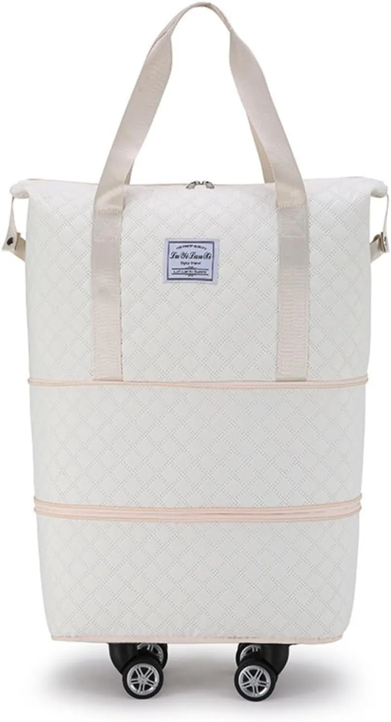 Rolling Duffle Bag with Wheels, Expandable Travel Duffel with Detachable Spinner Wheels & Wet Pocket, Large Waterproof Travel Tote Carry On Overnight Hospital Bag Beige
