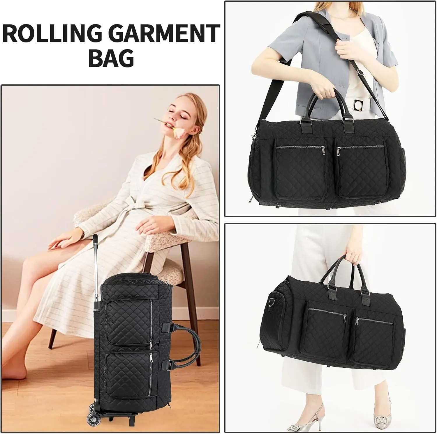 Rolling Garment Bags for Travel,Convertible Duffle Garment Bag Roller Bag Carry on Garment Bag with Wheels Luggage Rolling Weekender Roller Duffle Bags for Travel-Black