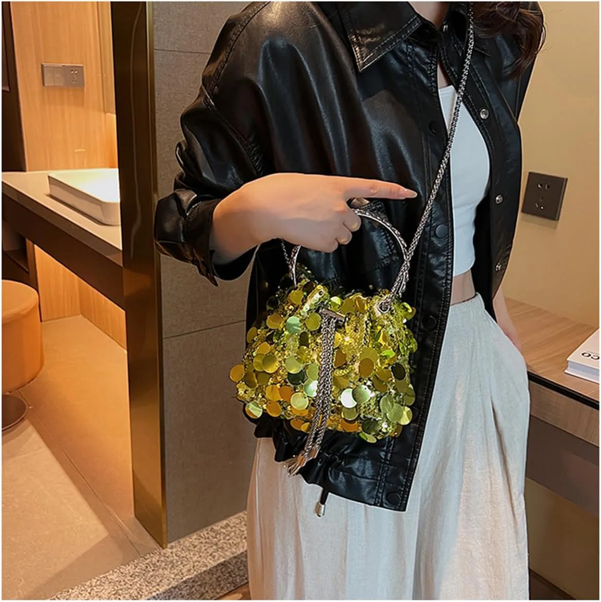 RomanticDesign Women Sparkly Sequin Clutch Purse Glitter Metal Tassel Evening Handbag Crossbody Bag for Party Prom Banquet