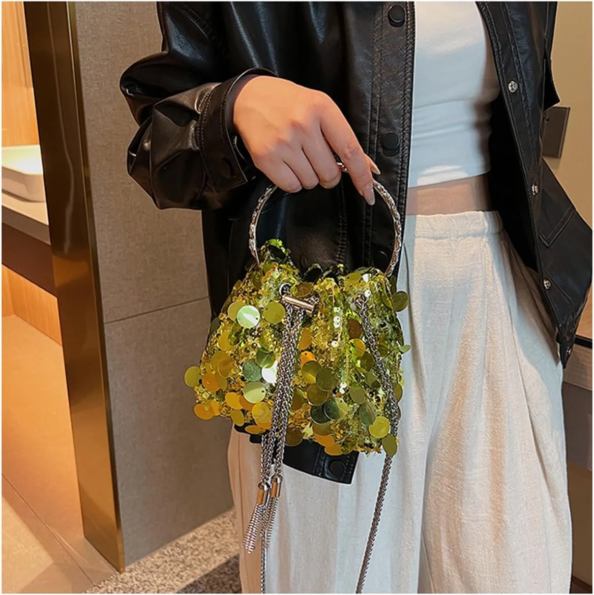 RomanticDesign Women Sparkly Sequin Clutch Purse Glitter Metal Tassel Evening Handbag Crossbody Bag for Party Prom Banquet