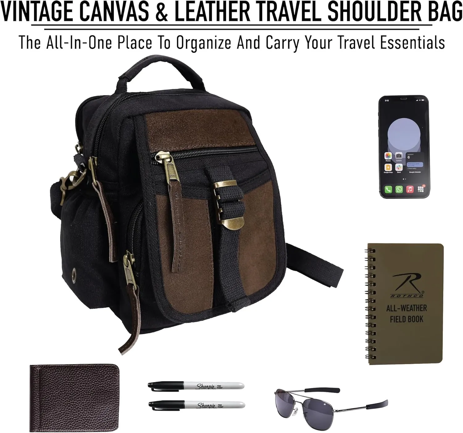 Rothco Vintage Canvas & Leather Travel Shoulder Bag for Organizing Essentials