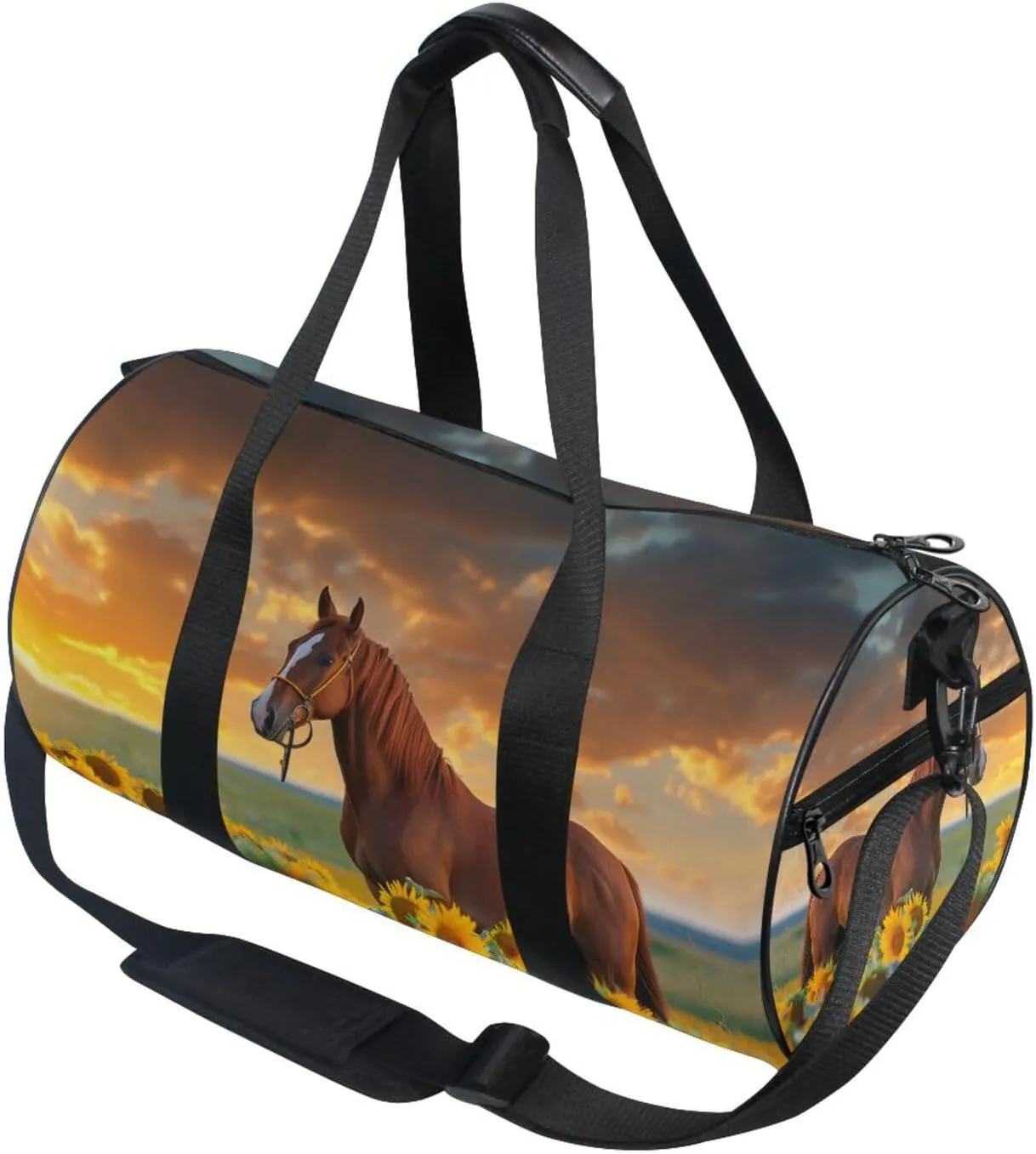Round Duffel Sports Bag Sunflower Horse Lightweight with Inner Pocket Gym Bag for Men Women Duffle Bag for Travel Sports