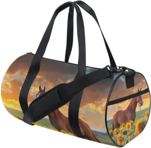 Round Duffel Sports Bag Sunflower Horse Lightweight with Inner Pocket Gym Bag for Men Women Duffle Bag for Travel Sports