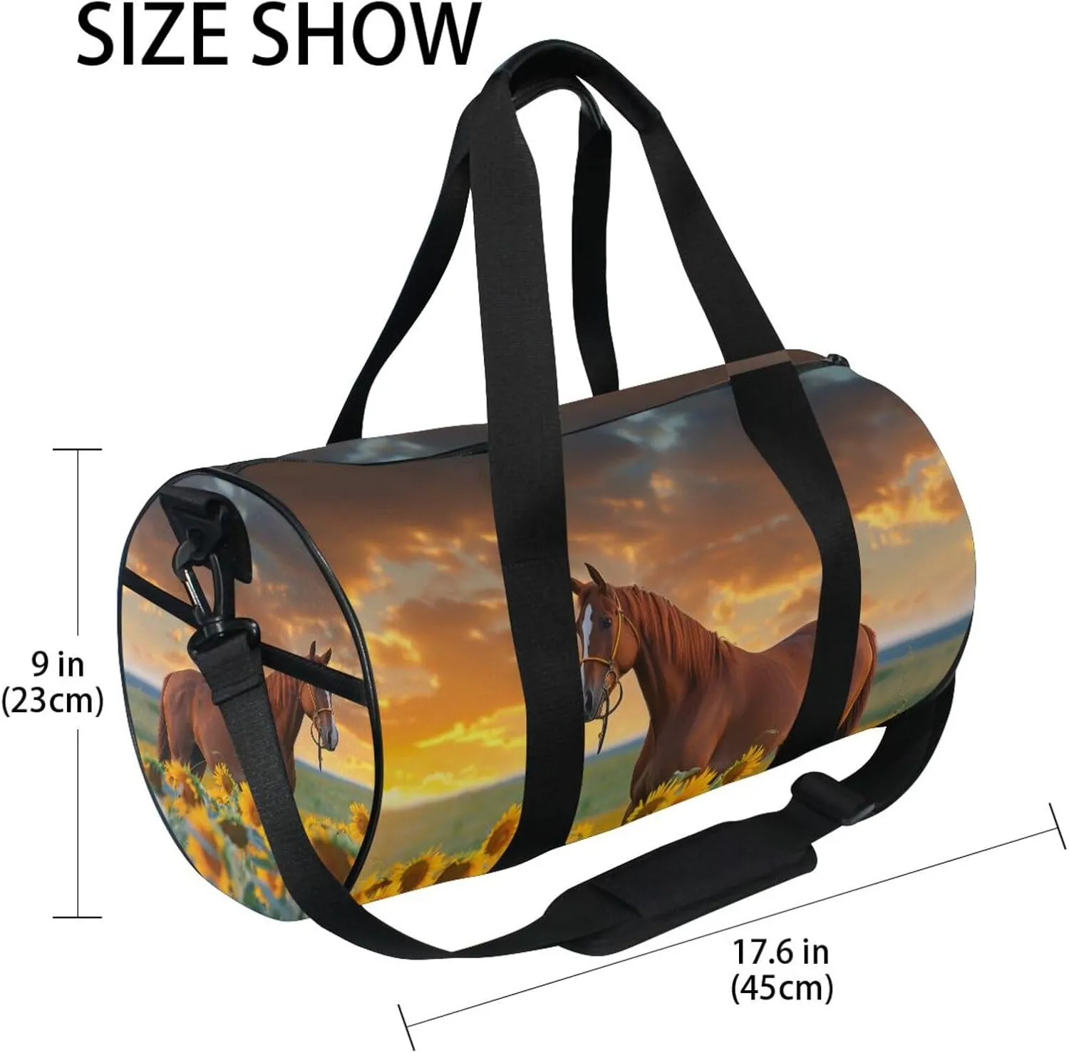 Round Duffel Sports Bag Sunflower Horse Lightweight with Inner Pocket Gym Bag for Men Women Duffle Bag for Travel Sports