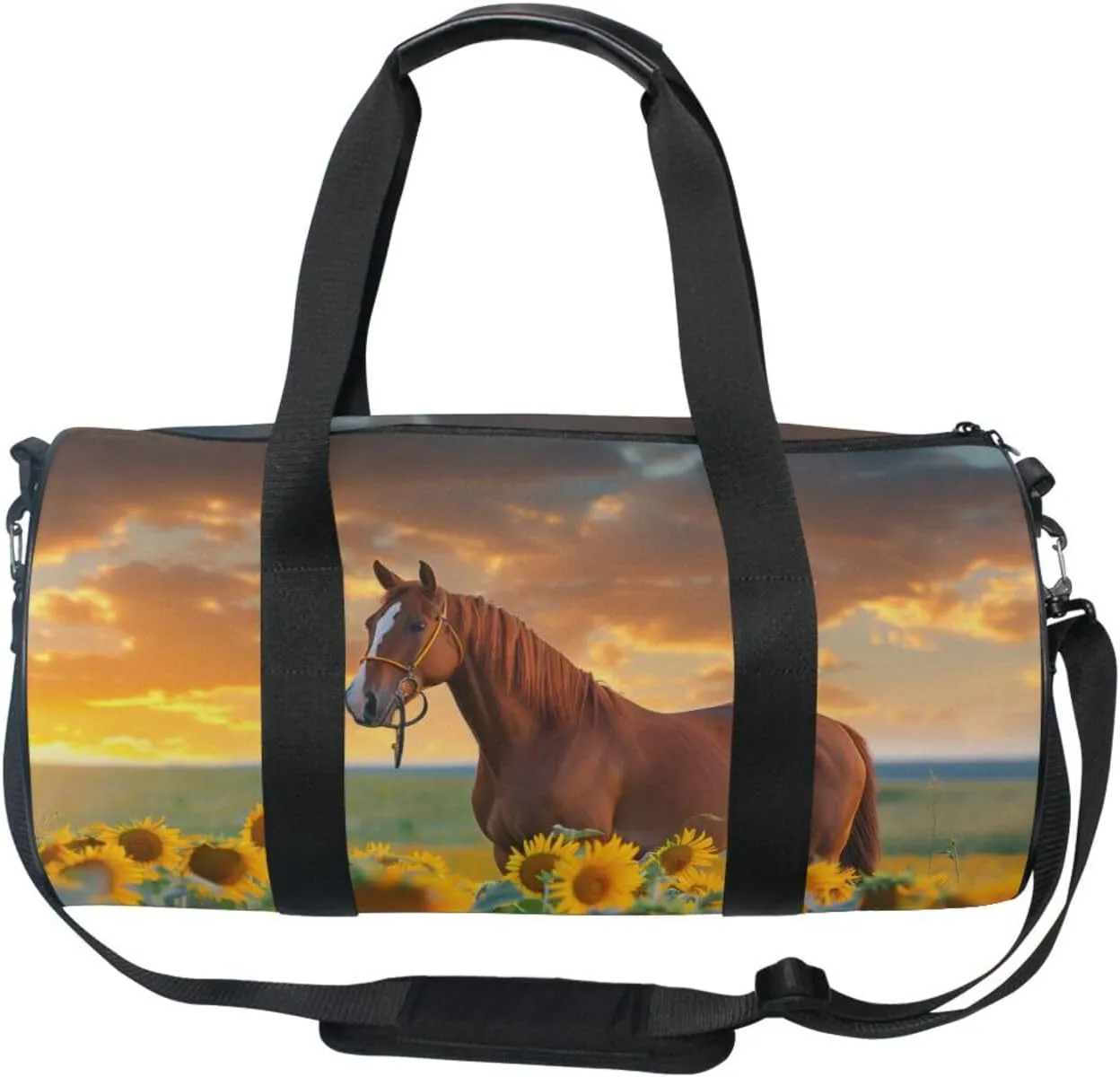 Round Duffel Sports Bag Sunflower Horse Lightweight with Inner Pocket Gym Bag for Men Women Duffle Bag for Travel Sports