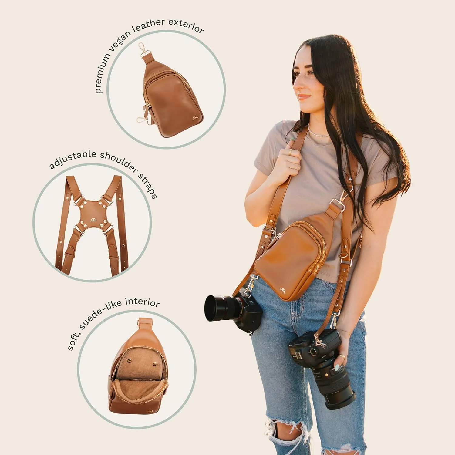 Ruby Rae The Duo Camera Harness & Crossbody Bag, Camera Harness with Removable Crossbody Bag, Vegan Leather, Suede Interior