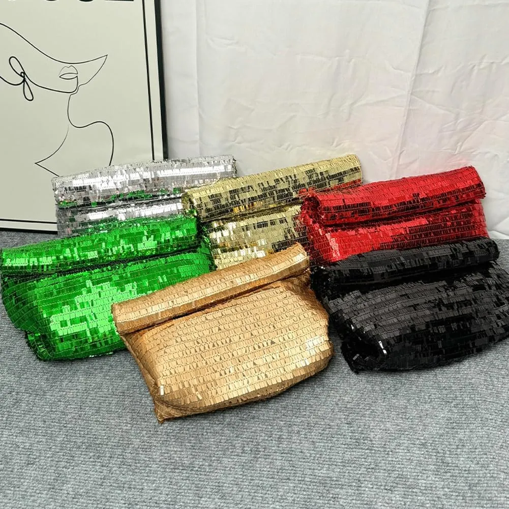 Rungion Sparkly Sequin Clutch Purse for Women Soft Rolled-up Evening Bag Handbag for Prom Party Wedding Dinner 2025