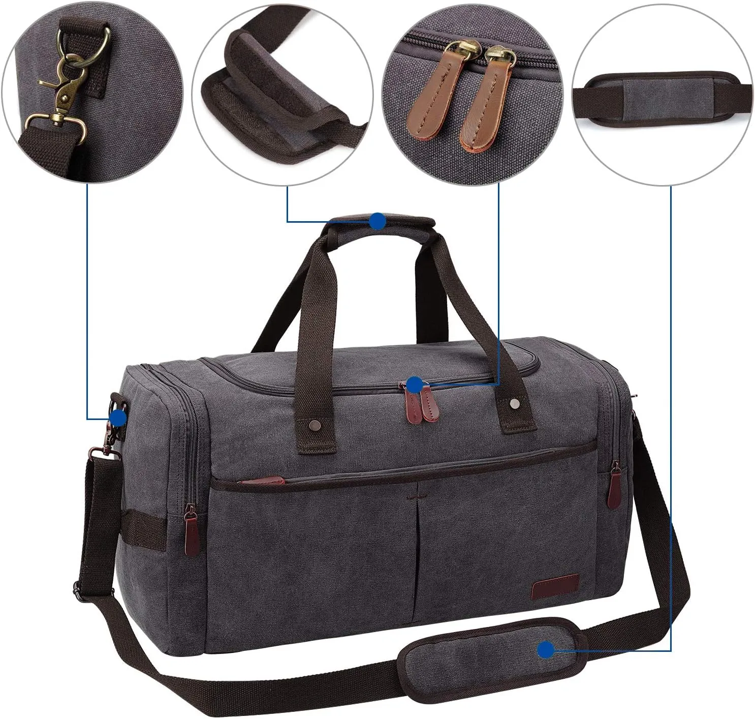 S-ZONE 65L Expandable Canvas Duffle Bag Travel Overnight Holdall Weekend Bag with Shoes Compartment Large Carry On Bag Tote Gym Bag for Men Women, Grey, L