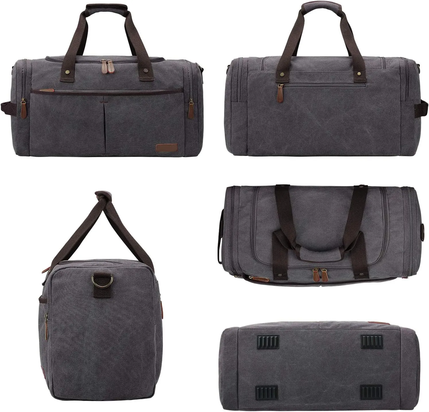 S-ZONE 65L Expandable Canvas Duffle Bag Travel Overnight Holdall Weekend Bag with Shoes Compartment Large Carry On Bag Tote Gym Bag for Men Women, Grey, L