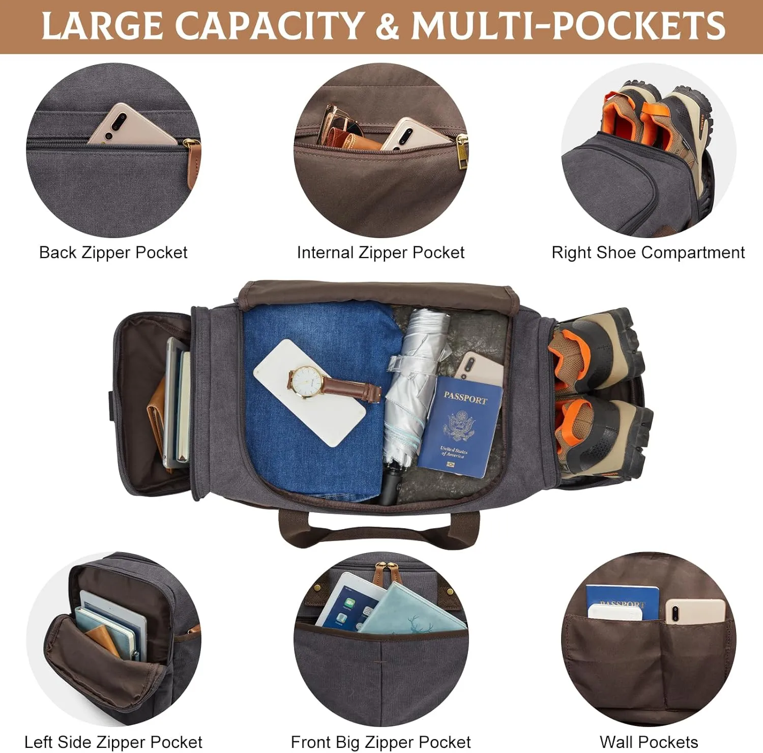 S-ZONE 65L Expandable Canvas Duffle Bag Travel Overnight Holdall Weekend Bag with Shoes Compartment Large Carry On Bag Tote Gym Bag for Men Women, Grey, L