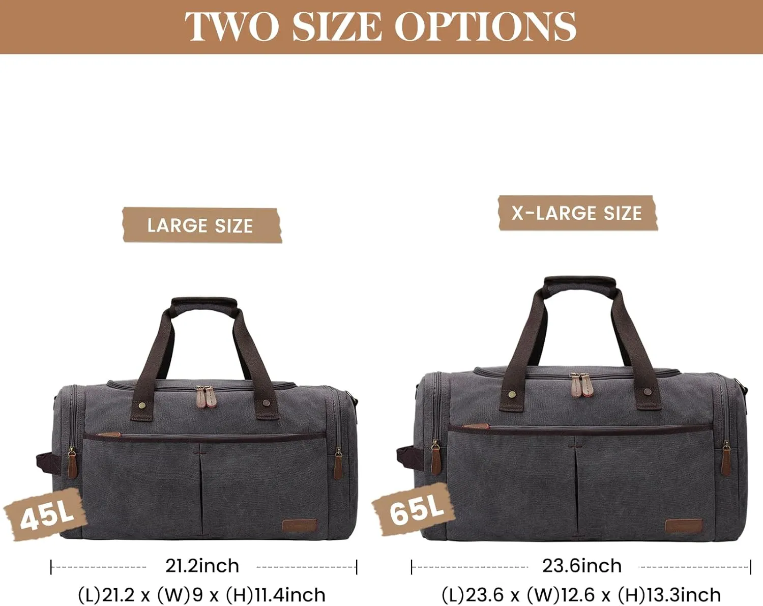 S-ZONE 65L Expandable Canvas Duffle Bag Travel Overnight Holdall Weekend Bag with Shoes Compartment Large Carry On Bag Tote Gym Bag for Men Women, Grey, L