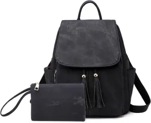 Saddhu Backpack Handbag with Wallet Faux Leather Fringe Shoulder Purse Fashion Daypack Bag for Hiking Travel Black