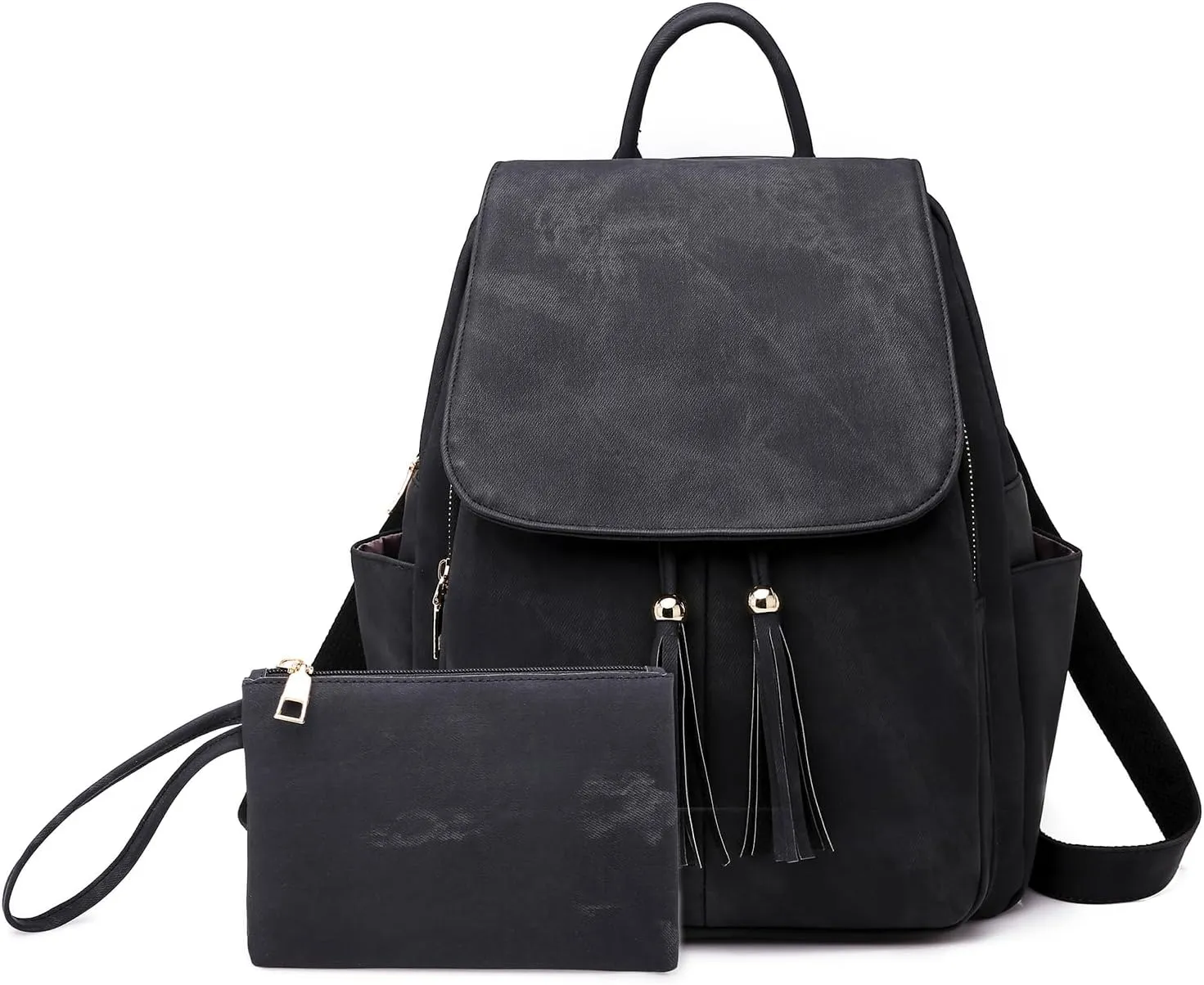 Saddhu Backpack Handbag with Wallet Faux Leather Fringe Shoulder Purse Fashion Daypack Bag for Hiking Travel Black