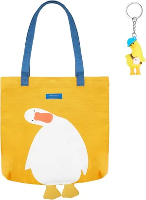 Saintrygo Duck Cute Funny Canvas Tote Bags Reusable Cute Tote with Duck Keychain Graphic Anime Bag for Grocery Shopping Lunch Beach