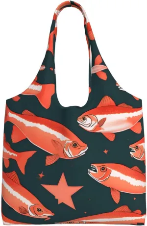 Salmon Print Vintage Women Canvas Tote Bag Reusable Shopping Bag 14.2 x 12.6 x 4 inch