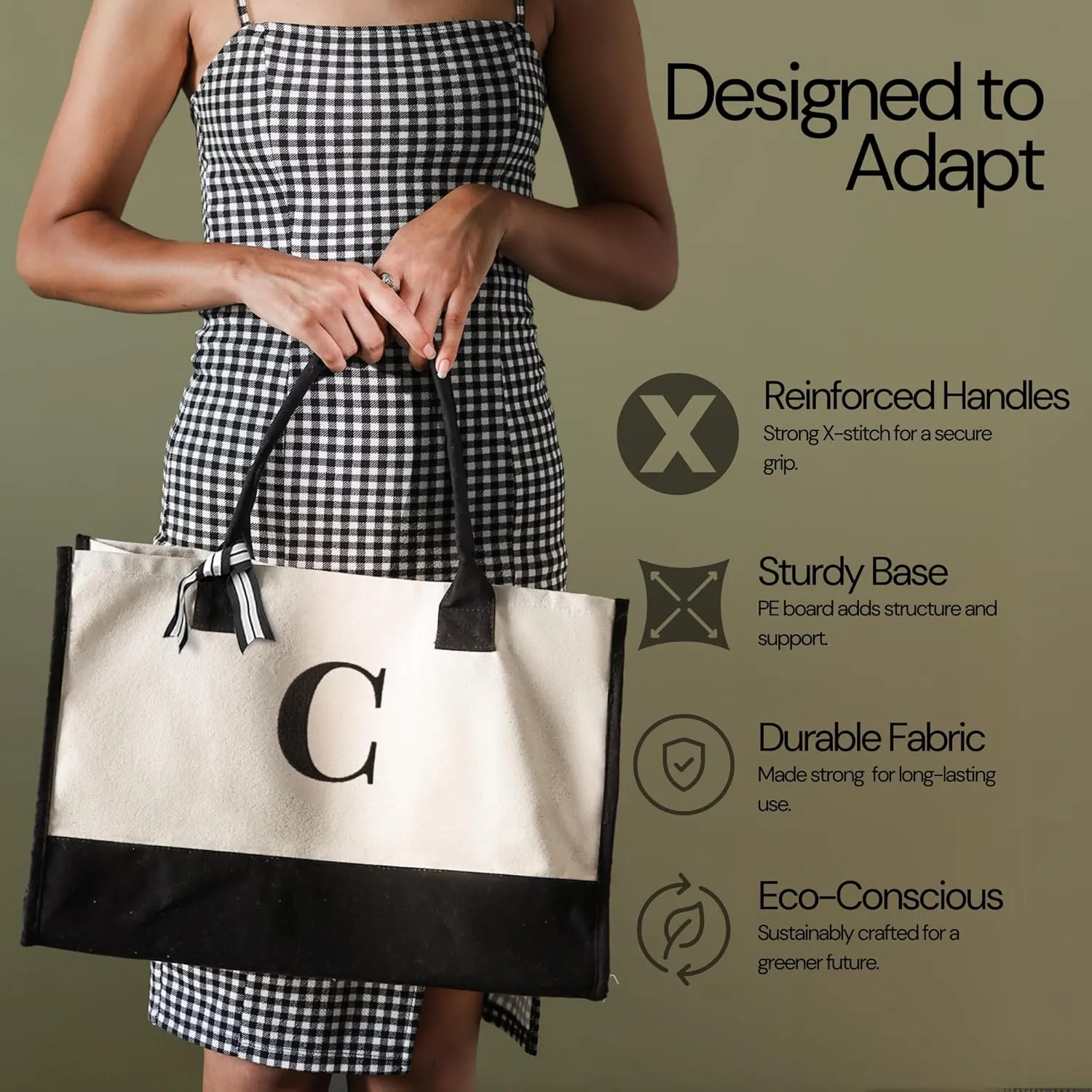 Salt Earth 100% Cotton Personalized Everyday Canvas Initial Tote Bag for Women, Monogrammed Large Utility Bag for Beach