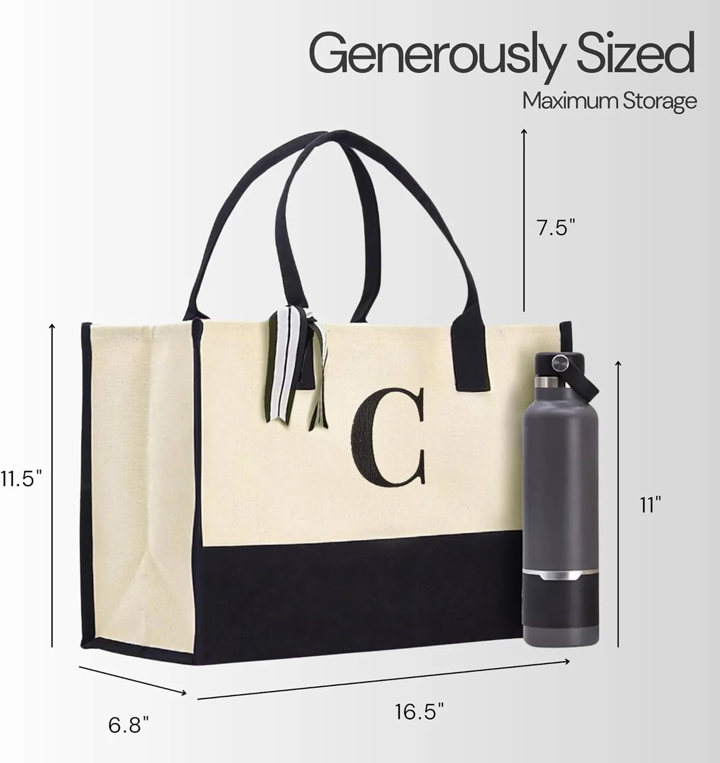 Salt Earth 100% Cotton Personalized Everyday Canvas Initial Tote Bag for Women, Monogrammed Large Utility Bag for Beach