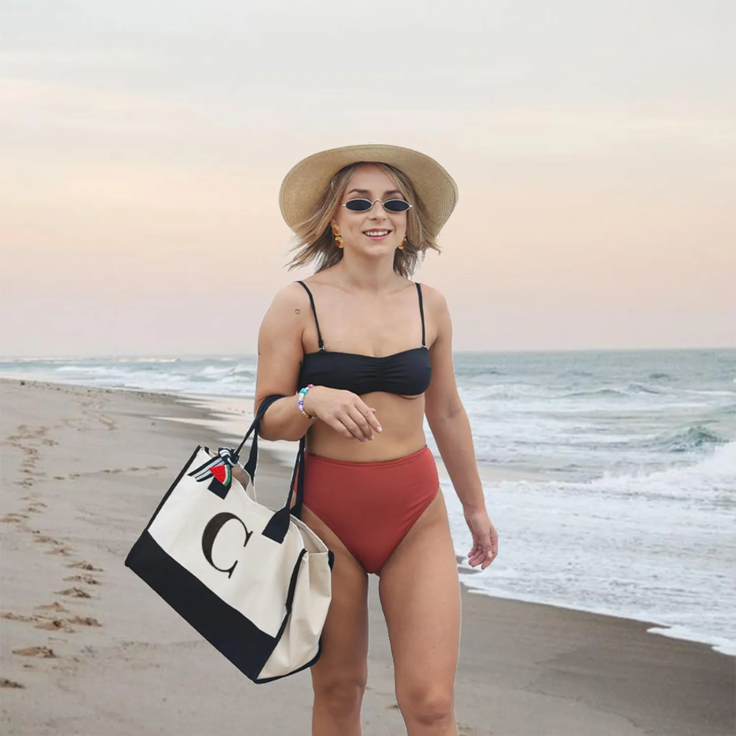 Salt Earth 100% Cotton Personalized Everyday Canvas Initial Tote Bag for Women, Monogrammed Large Utility Bag for Beach