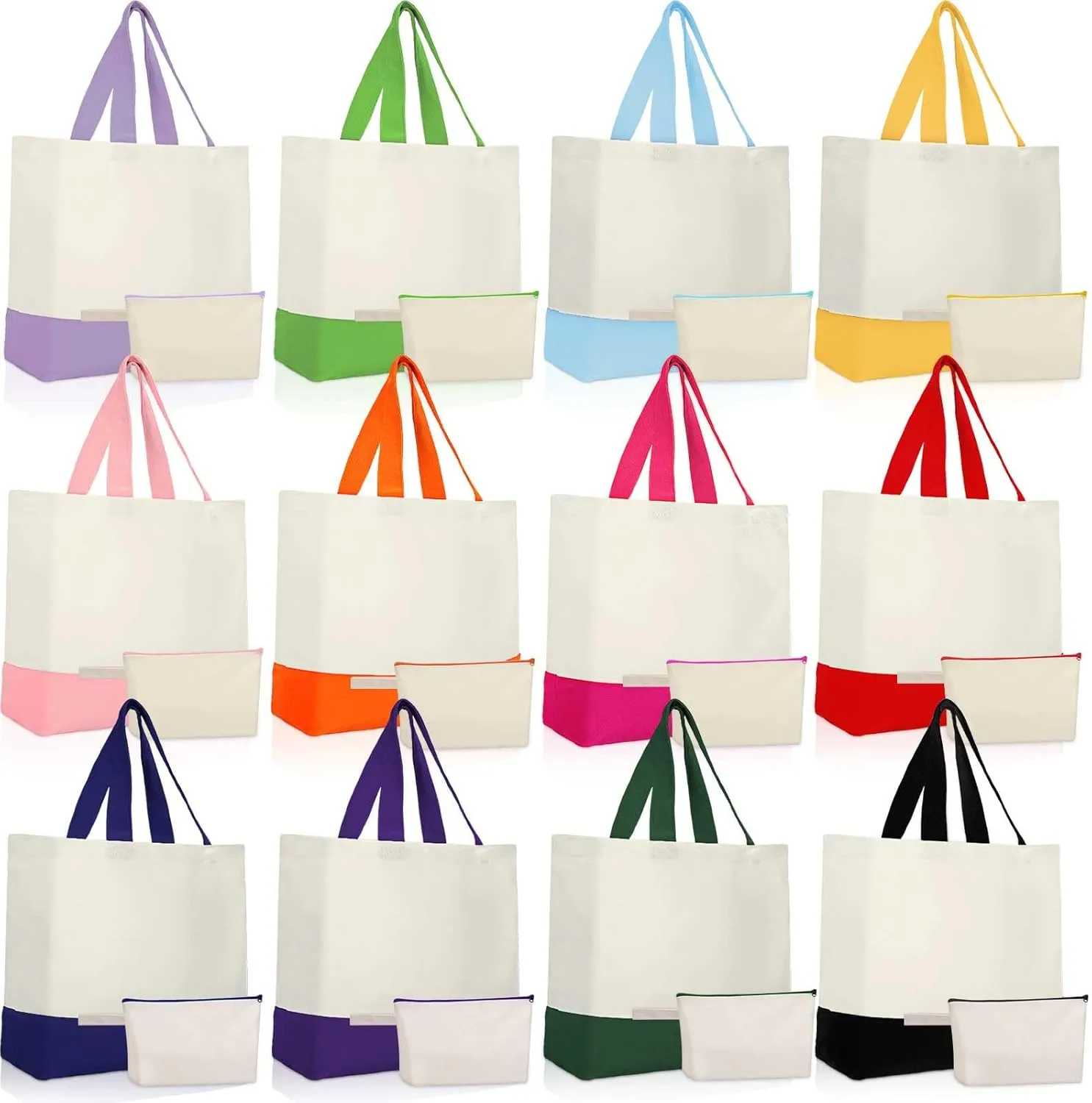 Sanwuta 24 Pcs Canvas Tote Bags Bulk with Zipper Cosmetic Bags 18.5" Cotton Canvas Bag with Handles Reusable Shopping Bags