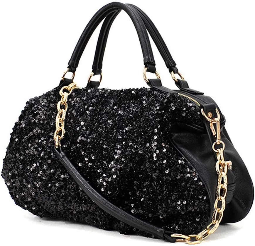 Segater® Black Sequin Purse Handbag Hobo Style PU Leather Shoulder Bag for Women