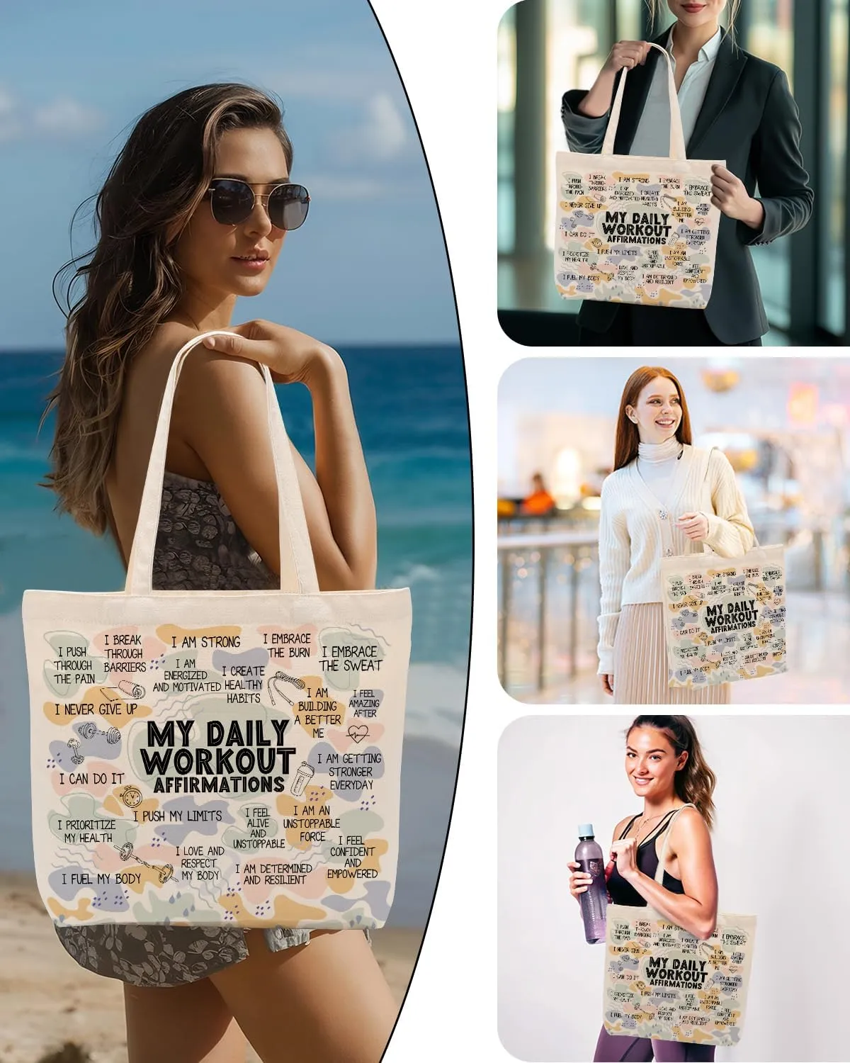 Self Love Daily Affirmations for Women, Inspirational Mom Teacher Nurse Christian Gifts Canvas Tote Bag with Pocket