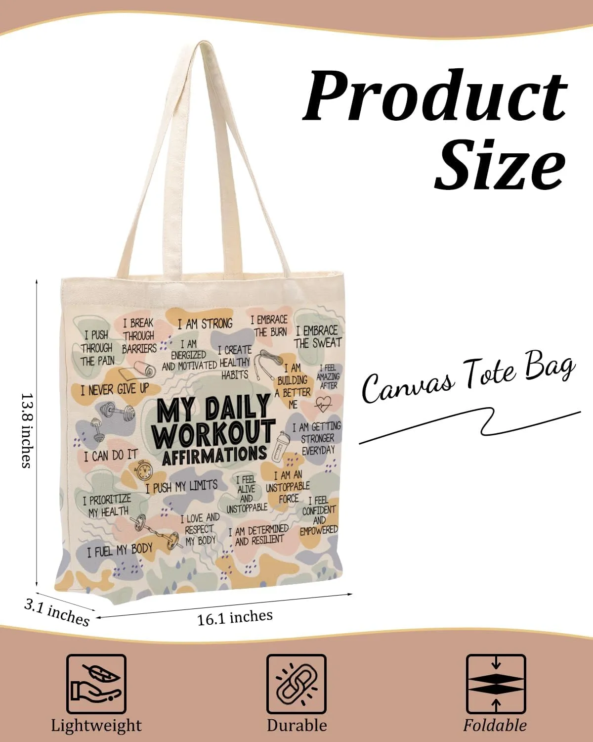 Self Love Daily Affirmations for Women, Inspirational Mom Teacher Nurse Christian Gifts Canvas Tote Bag with Pocket