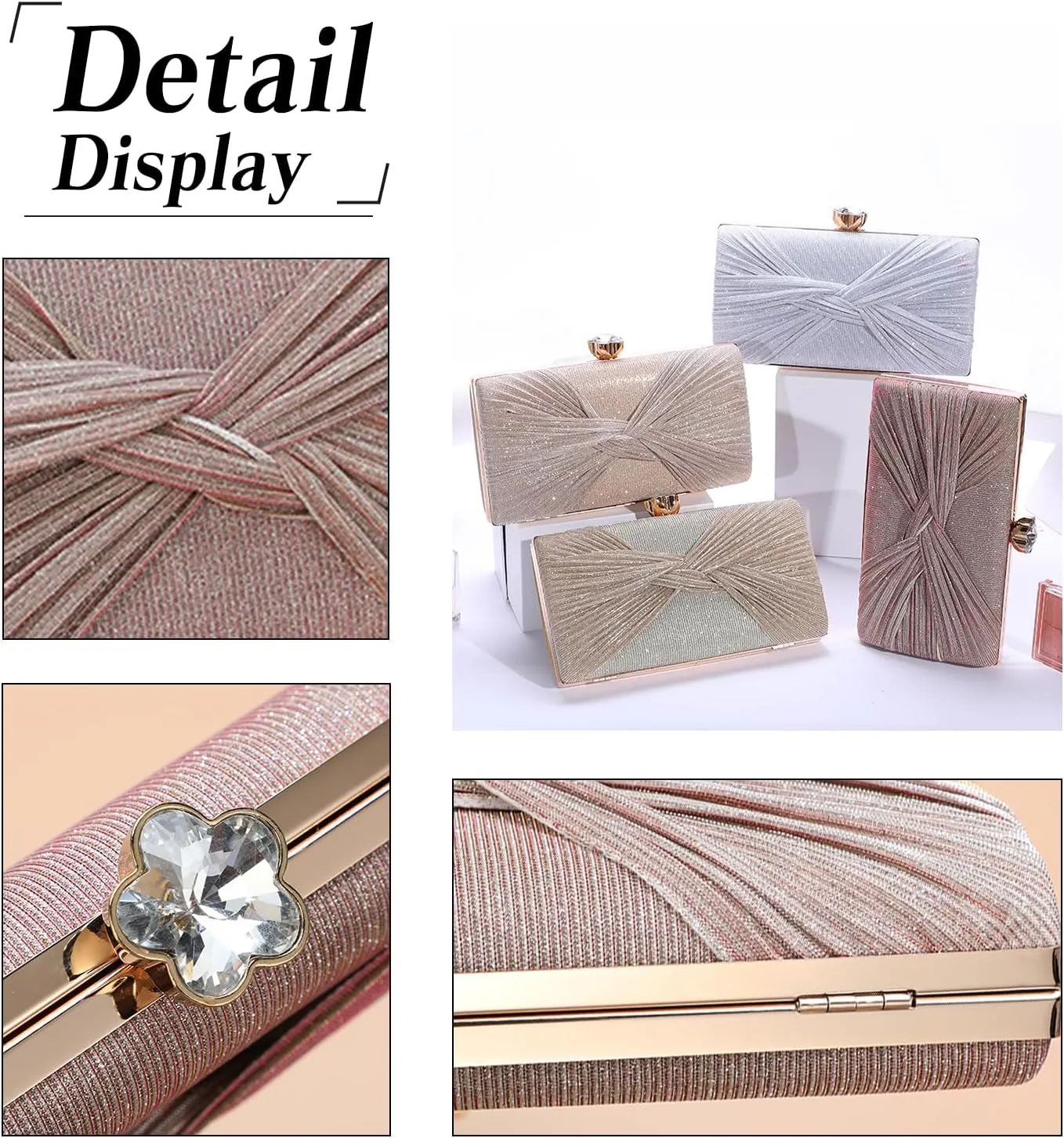 Sequin Clutch Bag Pleated Evening Bag for Women Bridal Wedding Purse Sparkly Rhinestone Handbag Crystal Shoulder Bag