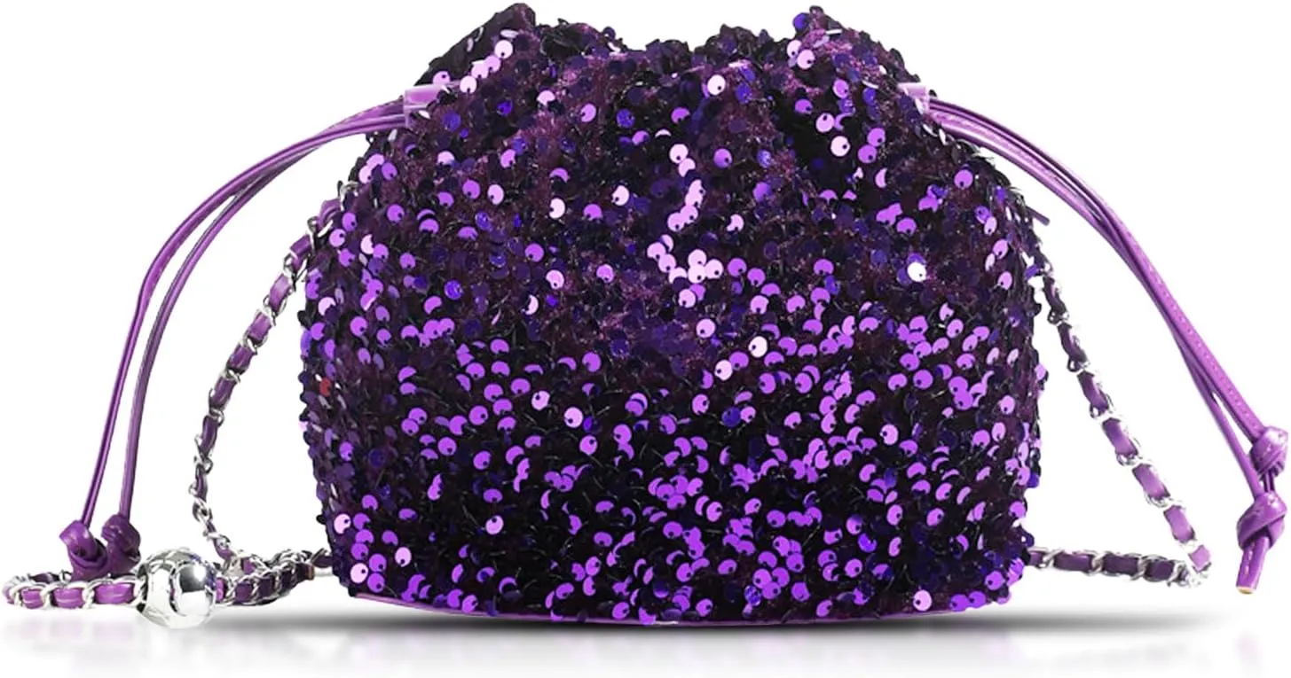 Sequin Crossbody Bag for Women, Drawstring Clutch Purses, Evening Bag For Wedding, Prom, Parties(Purple)