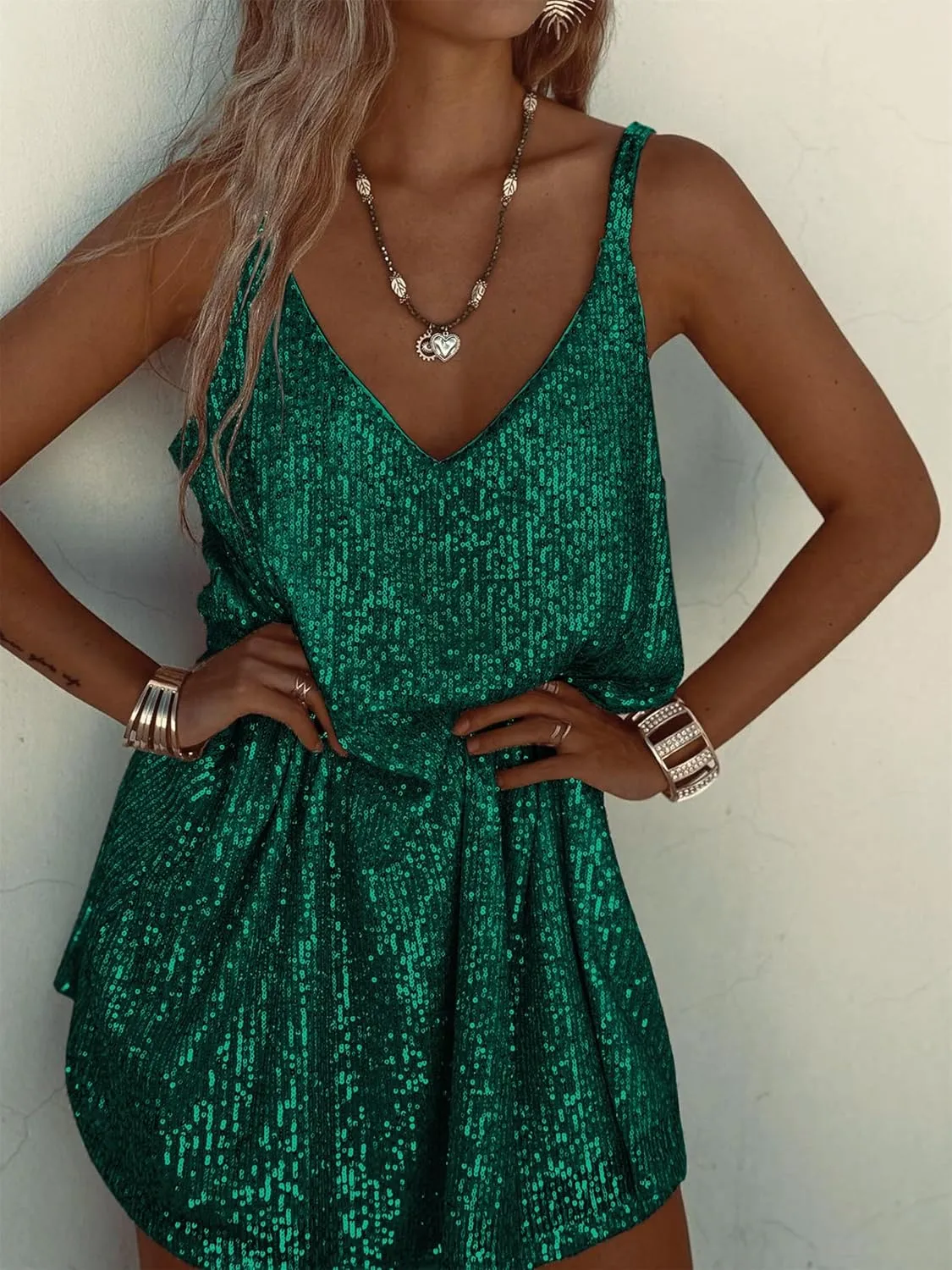 Sexy Elegant Women Sequin Gallus, V Neck Sparkle Shift Dress