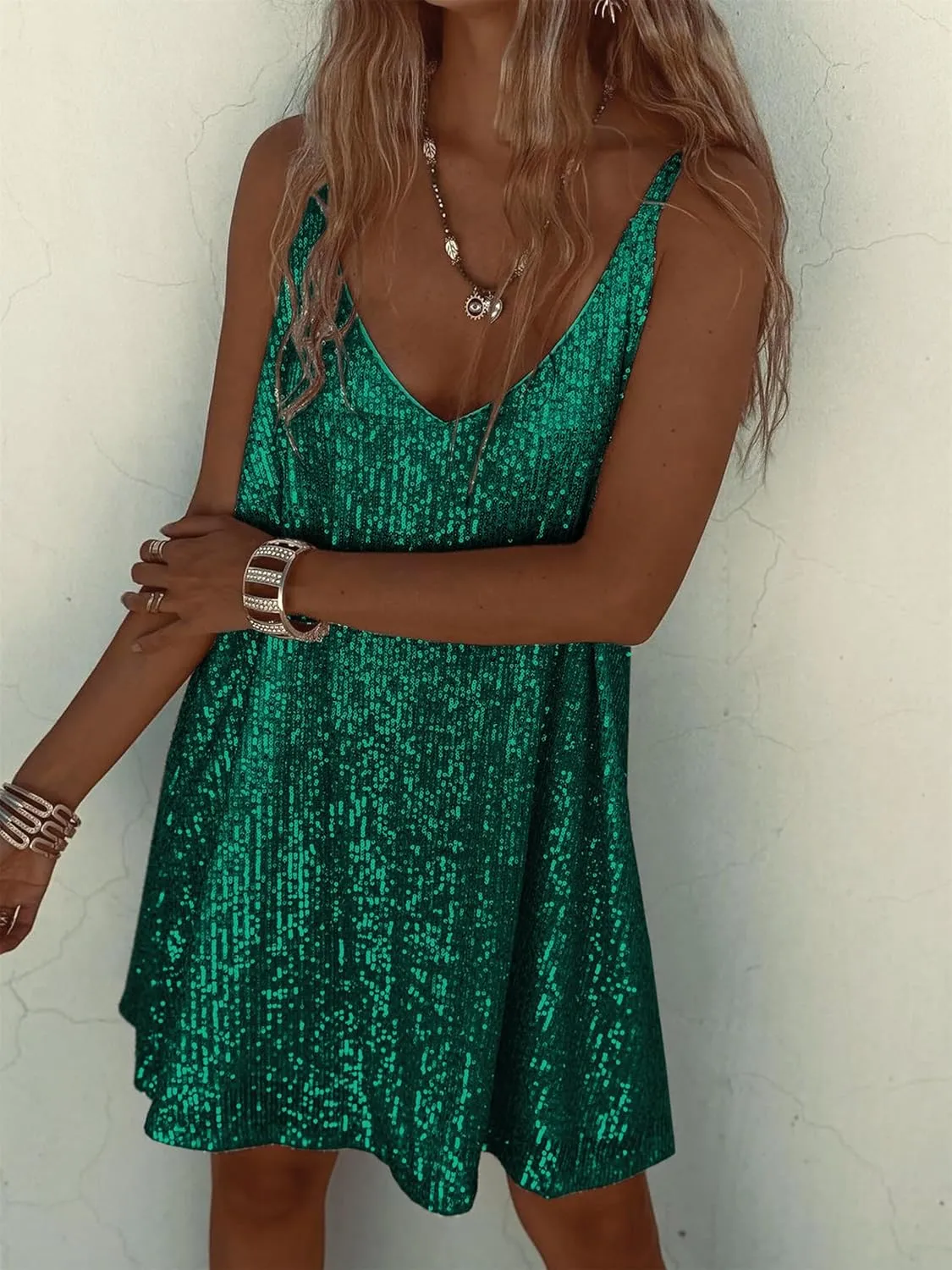 Sexy Elegant Women Sequin Gallus, V Neck Sparkle Shift Dress