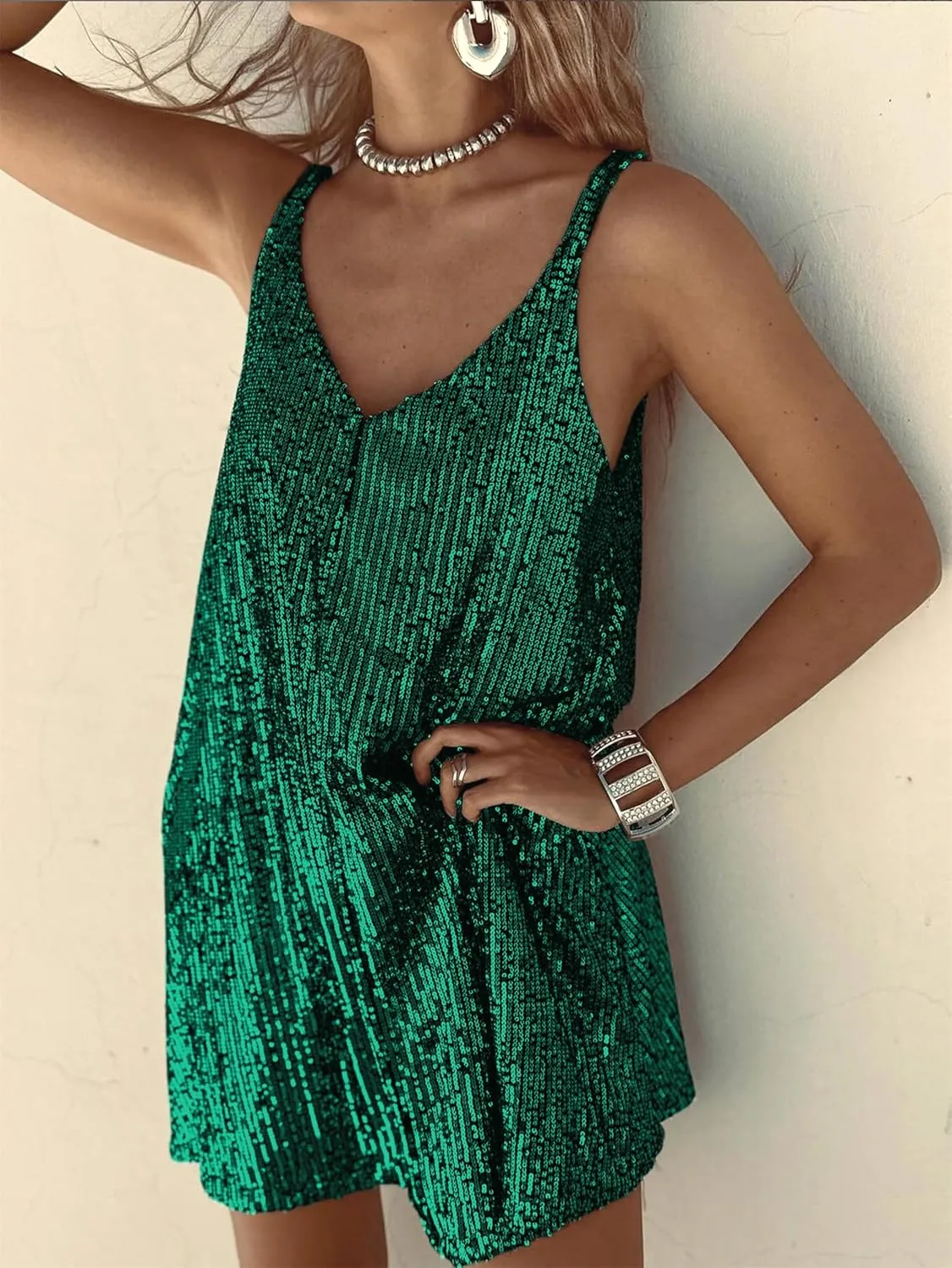 Sexy Elegant Women Sequin Gallus, V Neck Sparkle Shift Dress