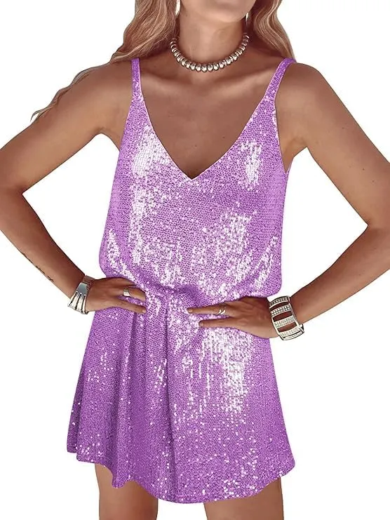 Sexy Elegant Women Sequin Gallus, V Neck Sparkle Shift Dress