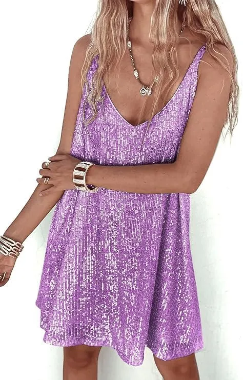 Sexy Elegant Women Sequin Gallus, V Neck Sparkle Shift Dress