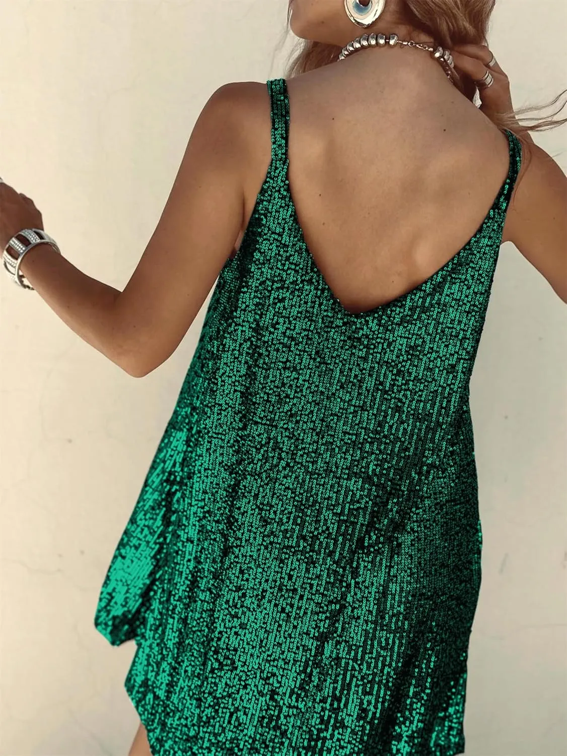 Sexy Elegant Women Sequin Gallus, V Neck Sparkle Shift Dress