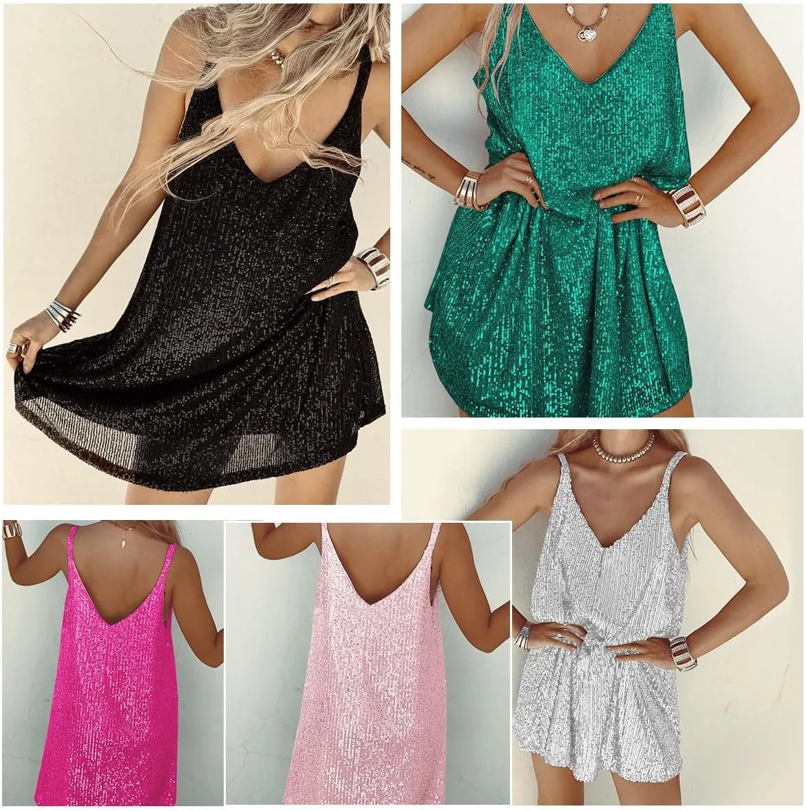 Sexy Elegant Women Sequin Gallus, V Neck Sparkle Shift Dress