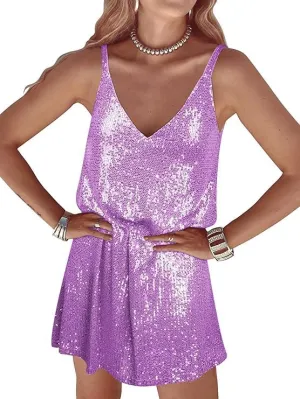 Sexy Elegant Women Sequin Gallus, V Neck Sparkle Shift Dress
