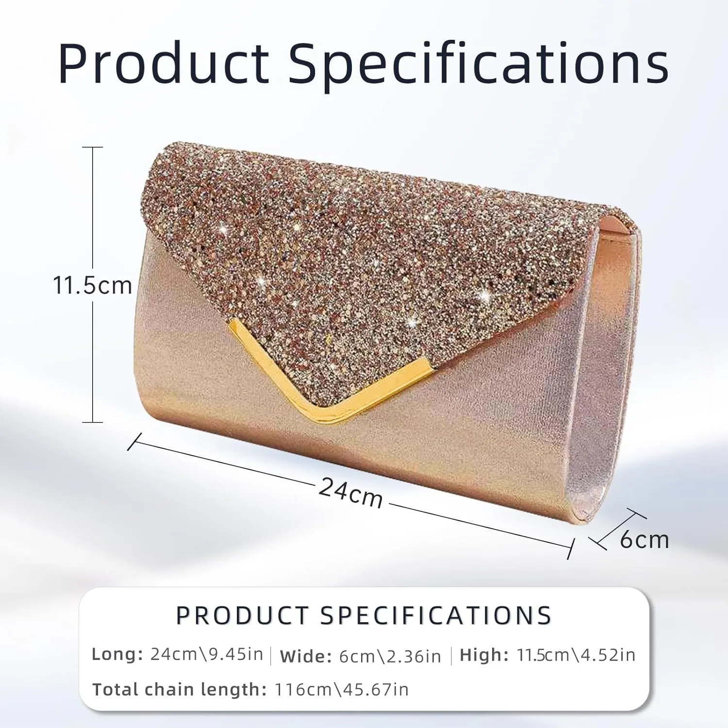 Shiny Sequin Envelope Clutch - Glitter Evening Bag with Chain for Wedding, Formal, Cocktail Party