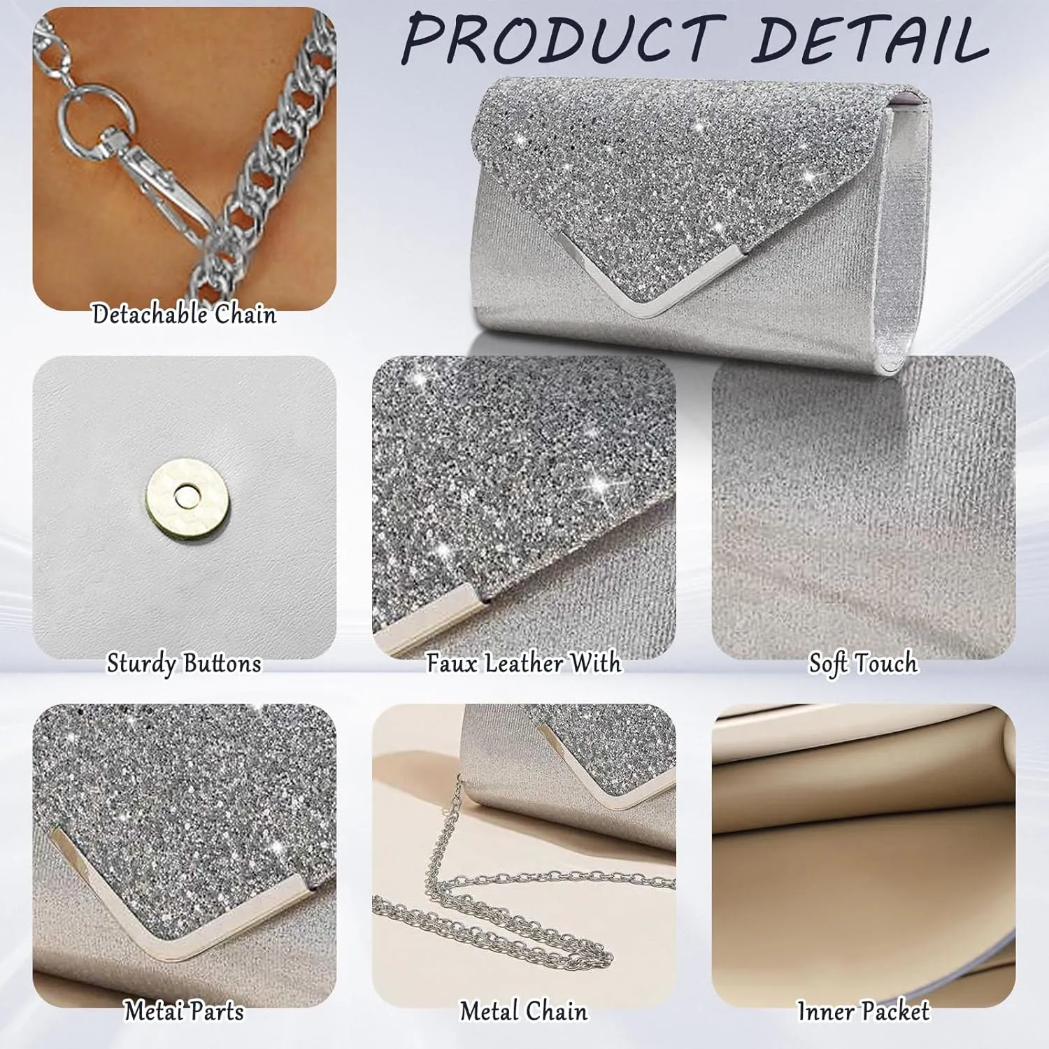 Shiny Sequin Envelope Clutch - Glitter Evening Bag with Chain for Wedding, Formal, Cocktail Party