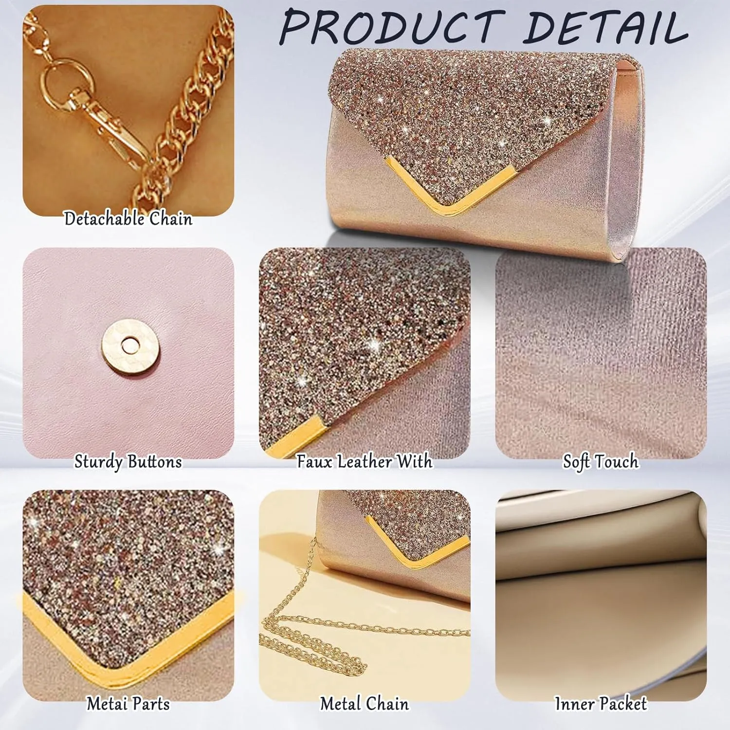 Shiny Sequin Envelope Clutch - Glitter Evening Bag with Chain for Wedding, Formal, Cocktail Party