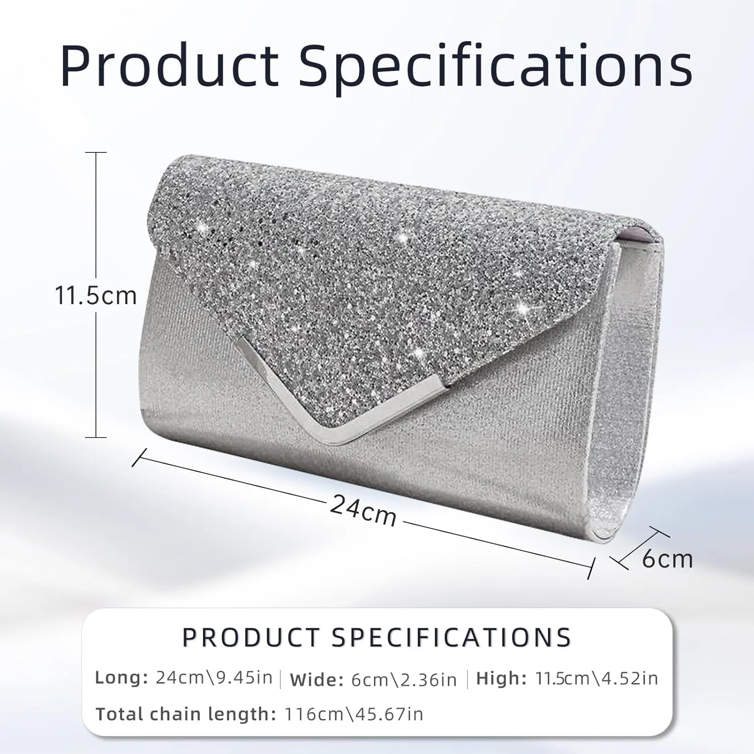 Shiny Sequin Envelope Clutch - Glitter Evening Bag with Chain for Wedding, Formal, Cocktail Party